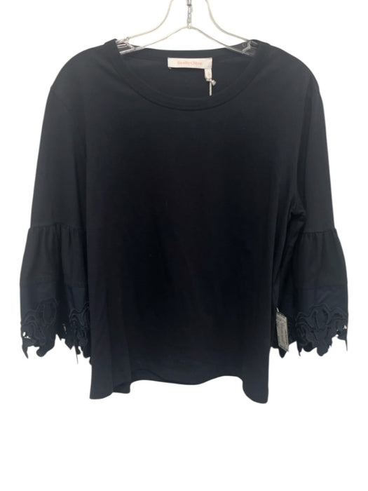 See By Chloe Size Large Navy Blue Cotton Long Bell Sleeve Lace Trim Gathered Top Navy Blue / Large