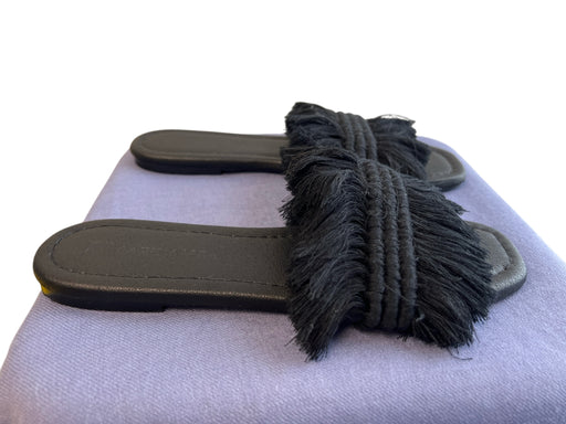 Pawuamba Shoe Size 9 Black Leather Fringe Square Toe Flat Slide Shoes Black / 9