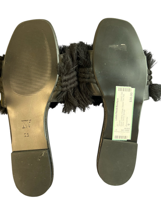 Pawuamba Shoe Size 9 Black Leather Fringe Square Toe Flat Slide Shoes Black / 9