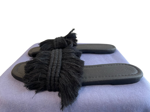 Pawuamba Shoe Size 9 Black Leather Fringe Square Toe Flat Slide Shoes Black / 9