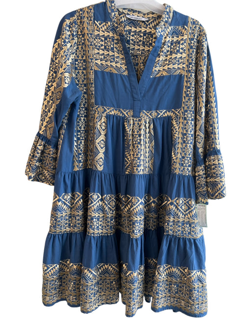 Greek Archaic Kori Size Medium Blue & Gold No Fabric Tag Embroidered Dress Blue & Gold / Medium