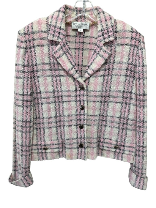 St John Couture Size 10 Pink, White, black Wool Blend Button Front Plaid Jacket Pink, White, black / 10