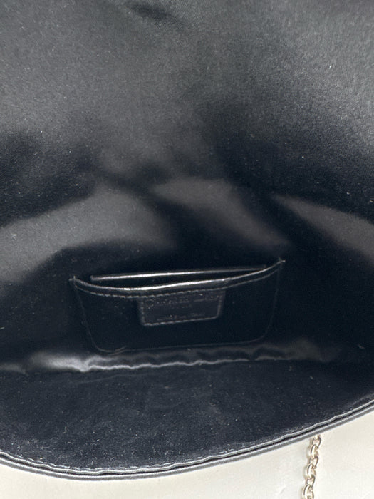 Christian Dior Black Satin Rhinestone Silver Hardware Logo Clutch Bag