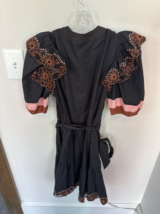 Veroalfie Size 1/S Black & Brown Cotton Long Balloon Sleeve Belted Dress