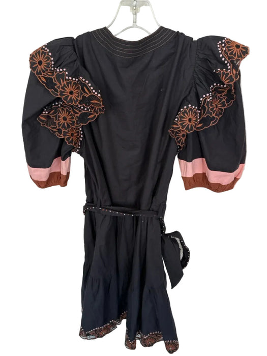 Veroalfie Size 1/S Black & Brown Cotton Long Balloon Sleeve Belted Dress