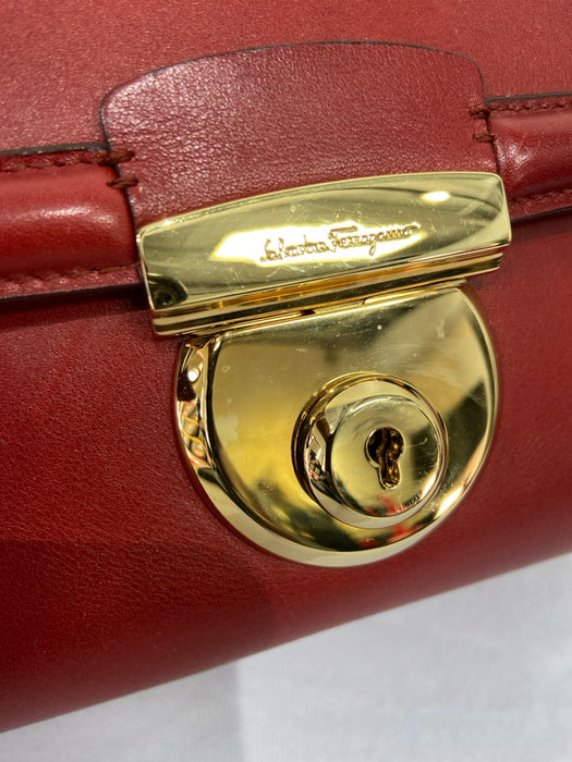 Salvatore Ferragamo Red & Gold Leather 2 Handles Gold Hammered Ring Bowler Bag