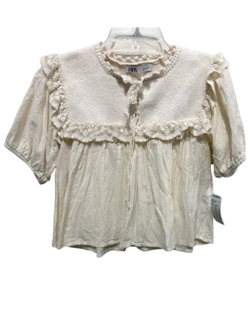 Zara Size S Cream Cotton Short Puff Sleeve Crochet Lace Fabric Block Top Cream / S