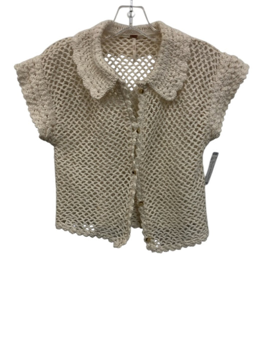 Free People Size S Cream Cotton Short Sleeve Crochet Knit Buttons Collar Top Cream / S