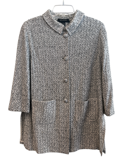 St. John Size 12 White & Black Rayon Blend Knit 4 Button Front Collar Jacket White & Black / 12