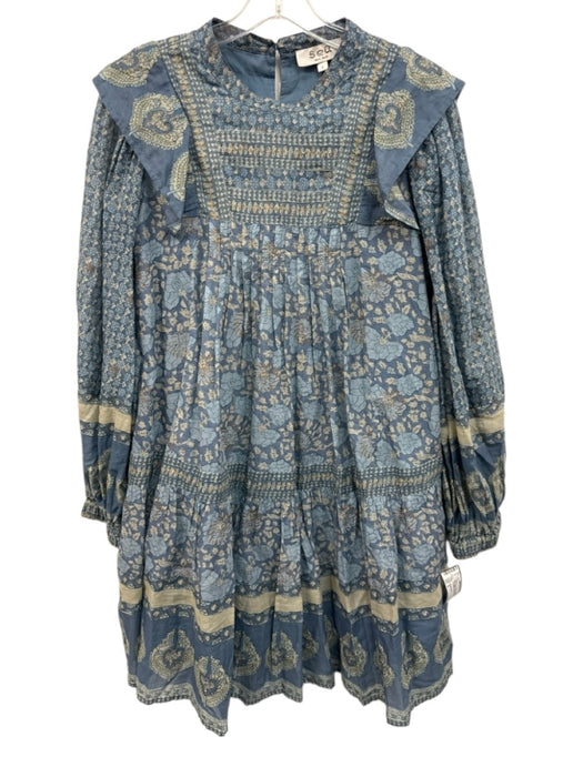 Sea New York Size S Blue & Beige Cotton Floral Blocked Print Bib Front Dress Blue & Beige / S