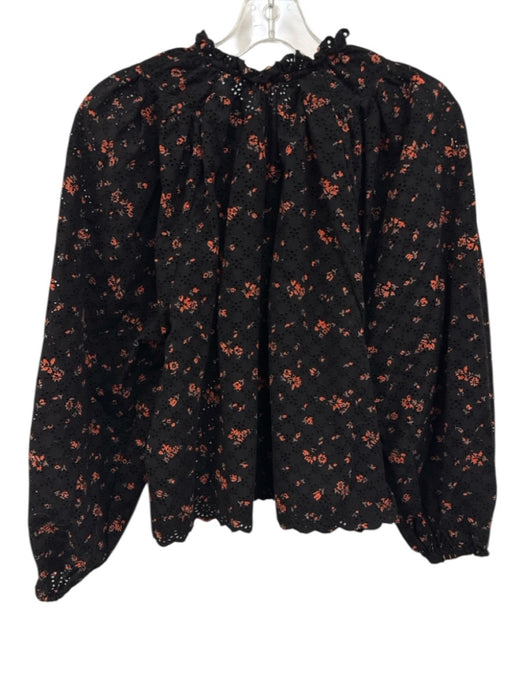 Ulla Johnson Size 2 Black & Orange Cotton Floral Eyelet Long Balloon Sleeve Top Black & Orange / 2