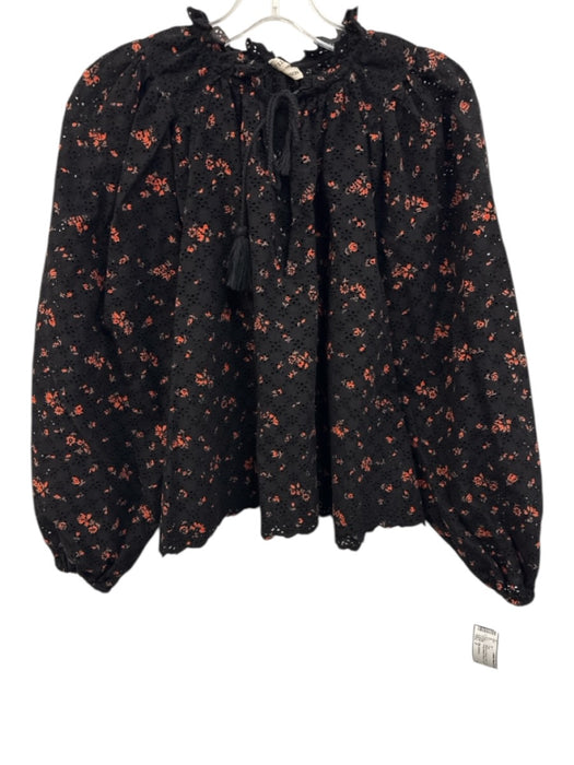 Ulla Johnson Size 2 Black & Orange Cotton Floral Eyelet Long Balloon Sleeve Top Black & Orange / 2