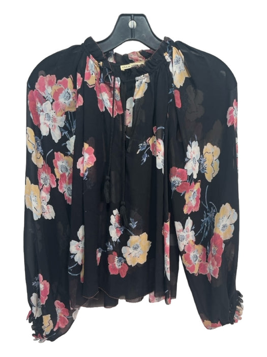 Ulla Johnson Size 0 Black & Multi Silk Floral Round Split Neck Long Sleeve Top Black & Multi / 0