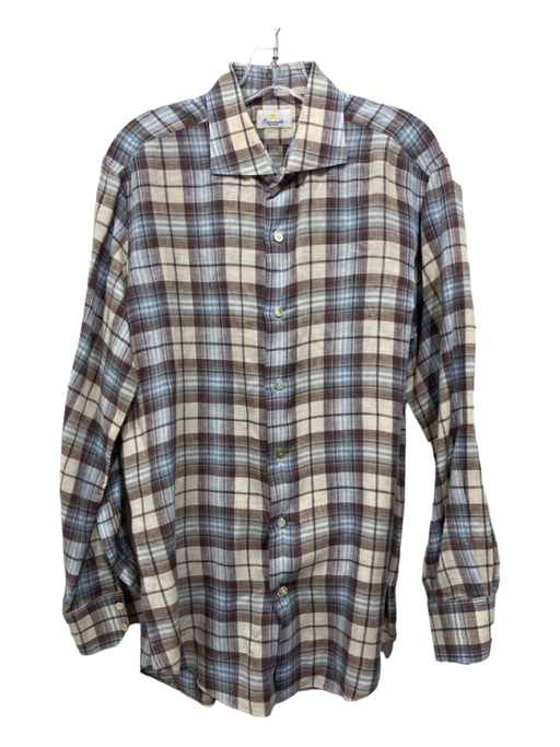 Giannetto Size L Tan & Multi Plaid Button up Men's Long Sleeve Shirt L