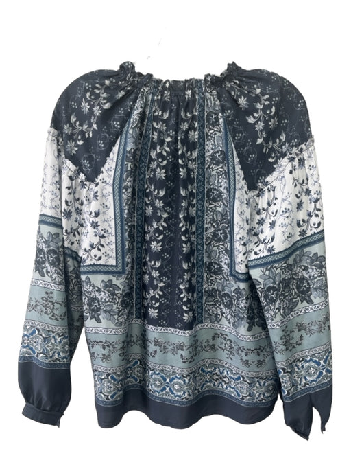 Go Silk Size XS Blue Silk Floral Paisley Ruffle V Neck Long Sleeve Top Blue / XS