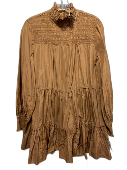 Veronica Beard Size 6 Tan Brown Polyester Smocked Neck Long Balloon Sleeve Dress Tan Brown / 6