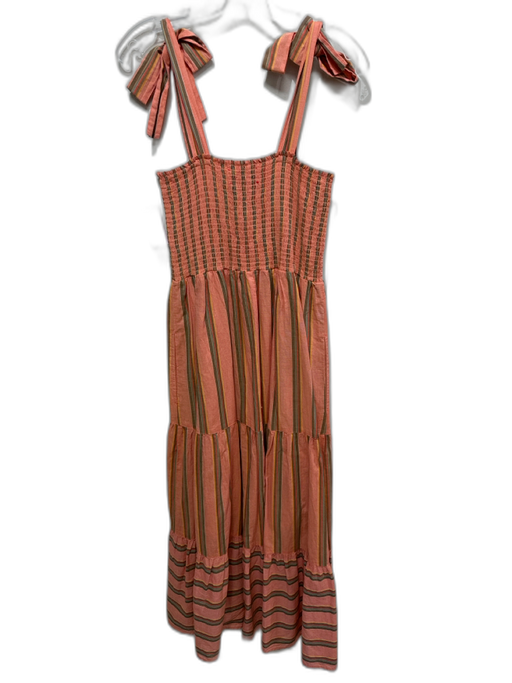 XiRENA Size M salmon & multi Cotton Striped Smocked Bodice Tie Shoulders Dress salmon & multi / M