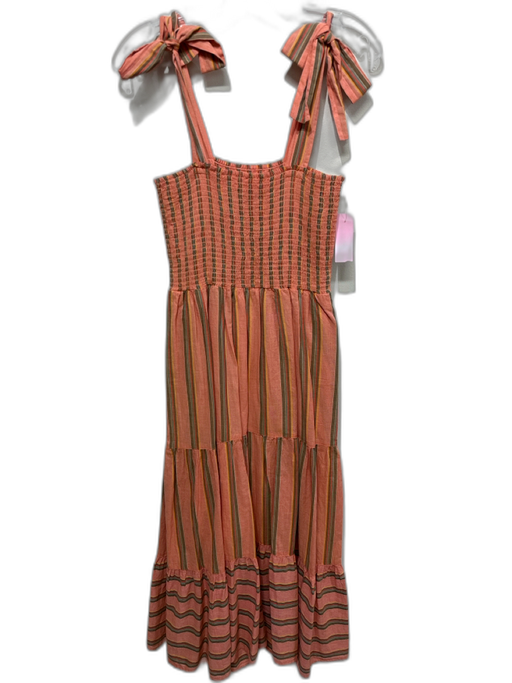 XiRENA Size M salmon & multi Cotton Striped Smocked Bodice Tie Shoulders Dress salmon & multi / M
