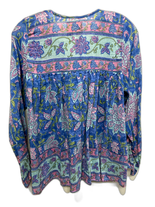 Bell Size S Blue, Pink & Green Silk & Cotton Floral Paisley Tassel Neck Top Blue, Pink & Green / S