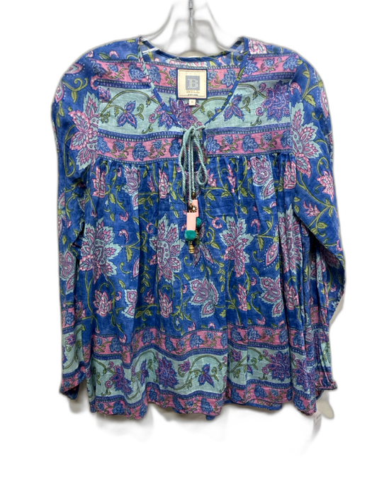 Bell Size S Blue, Pink & Green Silk & Cotton Floral Paisley Tassel Neck Top Blue, Pink & Green / S