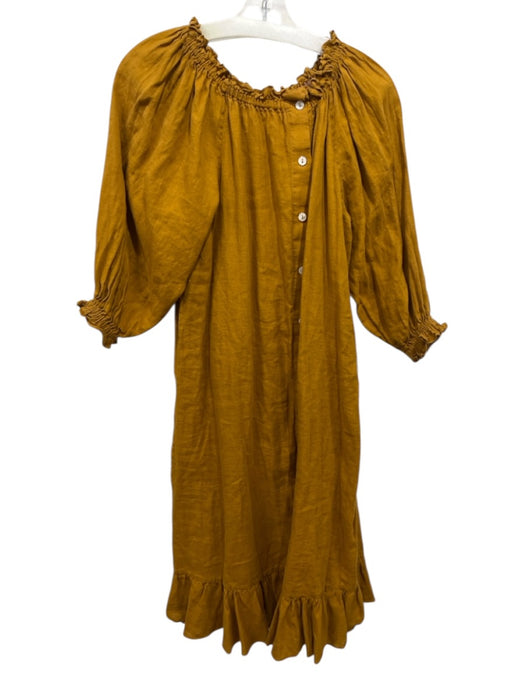 Sleeper Size 8 Orange Linen Button Up 3/4 Sleeve Ruffle Neckline Dress Orange / 8
