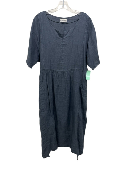 Ellamoda Size M/L Gray Linen Short Sleeve Pockets Dress Gray / M/L