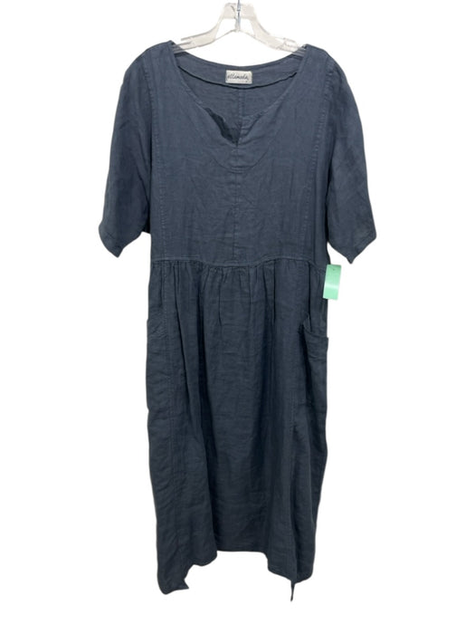 Ellamoda Size M/L Gray Linen Short Sleeve Pockets Dress Gray / M/L