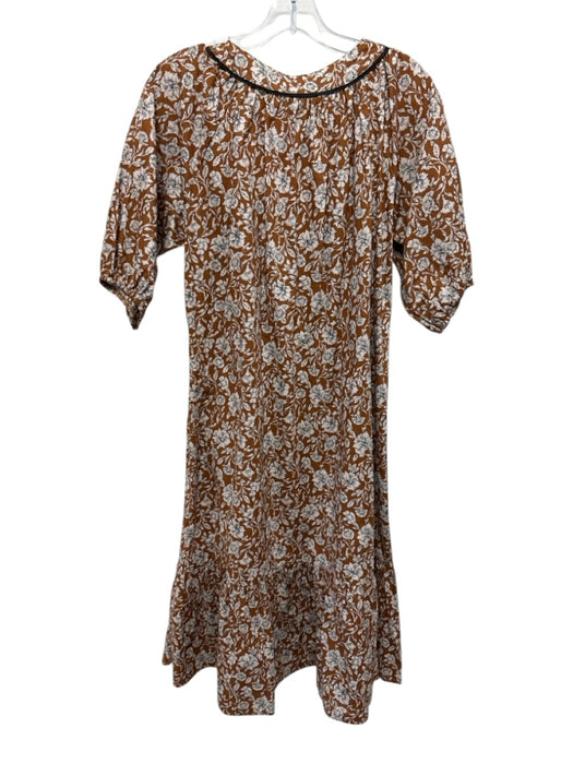 Maac Size S Brown, Beige, Black Cotton floral print Tie Neck Short Sleeve Dress Brown, Beige, Black / S