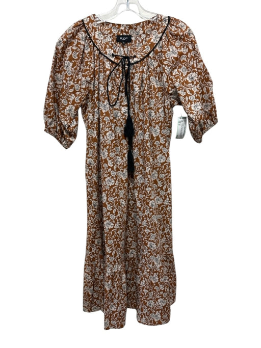 Maac Size S Brown, Beige, Black Cotton floral print Tie Neck Short Sleeve Dress Brown, Beige, Black / S