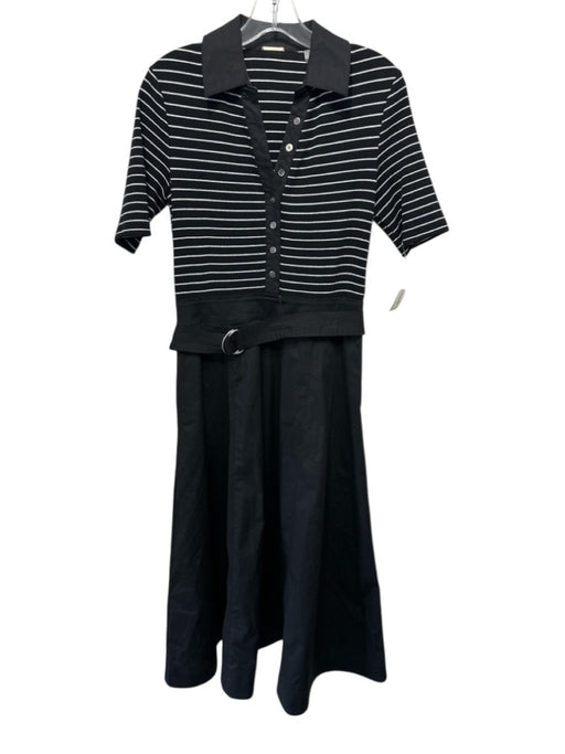 Elie Tahari Size M Black & White Cotton Short Sleeve Striped Maxi Collar Dress Black & White / M