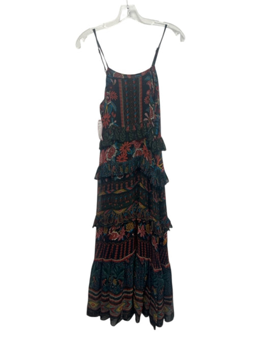 Farm Rio Size Medium Black & Multi Viscose Spaghetti Strap Floral Ruffles Dress Black & Multi / Medium