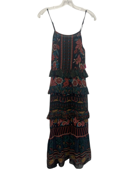 Farm Rio Size Medium Black & Multi Viscose Spaghetti Strap Floral Ruffles Dress Black & Multi / Medium