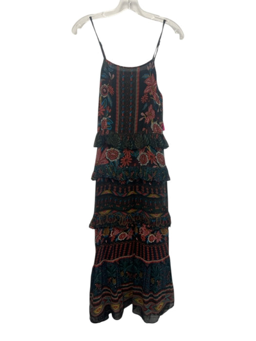 Farm Rio Size Medium Black & Multi Viscose Spaghetti Strap Floral Ruffles Dress Black & Multi / Medium
