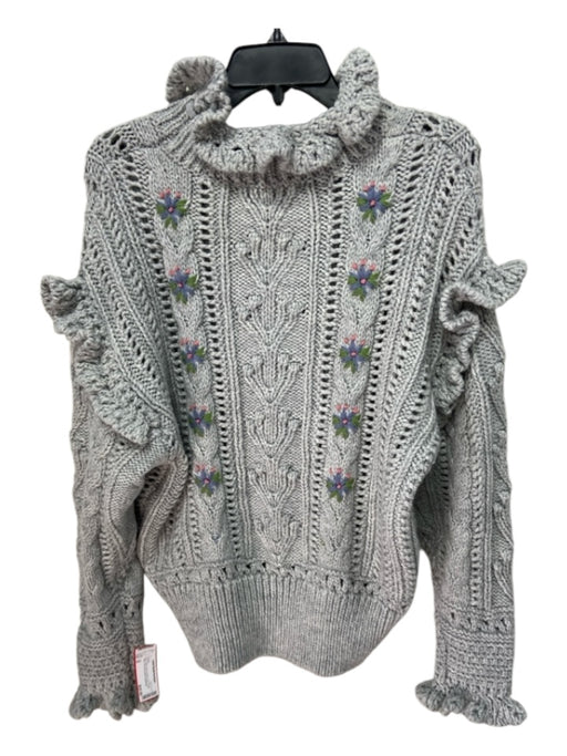 Zara Size M Gray, Green, Blue Acrylic Knit Floral Detail Drawstring Neck Sweater Gray, Green, Blue / M