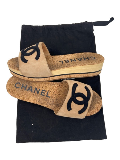 Chanel Shoe Size 39 Beige & Black Suede, Cork, Wood Platform Toe Strap Sandals Beige & Black / 39