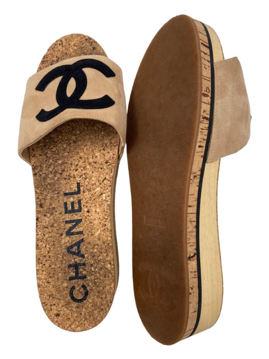 Chanel Shoe Size 39 Beige & Black Suede, Cork, Wood Platform Toe Strap Sandals Beige & Black / 39