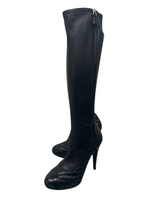 Chanel Shoe Size 39.5 Black Leather Quilted Detail Cap Toe Knee High Heel Boots Black / 39.5