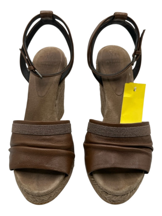 Brunello Cucinelli Shoe Size 39 Brown Leather Upper Raffia Monili Wedges Brown / 39