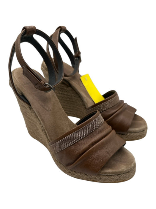Brunello Cucinelli Shoe Size 39 Brown Leather Upper Raffia Monili Wedges Brown / 39