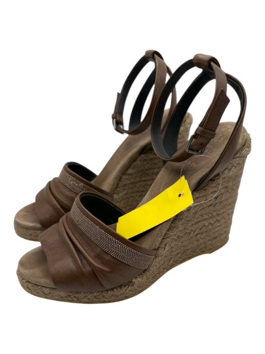 Brunello Cucinelli Shoe Size 39 Brown Leather Upper Raffia Monili Wedges Brown / 39