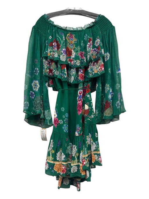 Camilla Size S Green & Multi Silk Off Shoulder Floral & Birds Flare Hem Dress Green & Multi / S