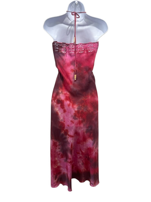 Mij by Michelle Jonas Size XS Red & Pink Silk Blend Halter Lace Trim Satin Dress Red & Pink / XS