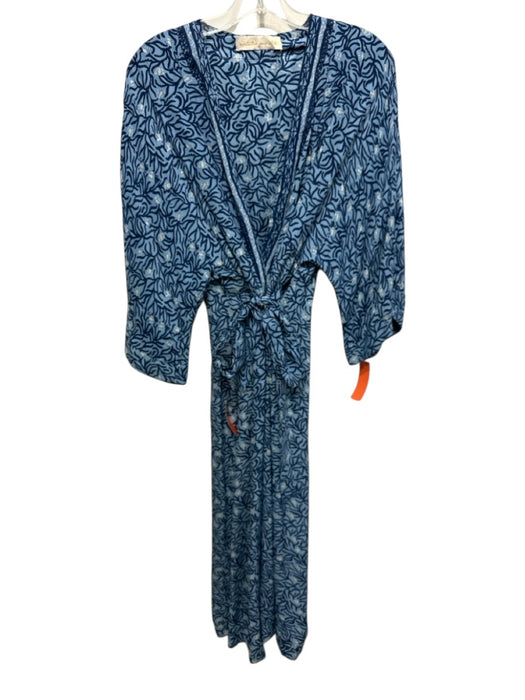 Natalie Martin Size S Blue Silk Wrap Tie Waist Wide Sleeves Midi Dress Blue / S