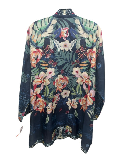 Johnny Was Size S Navy & Multi Silk Button Front Round Neck Floral Print Top Navy & Multi / S