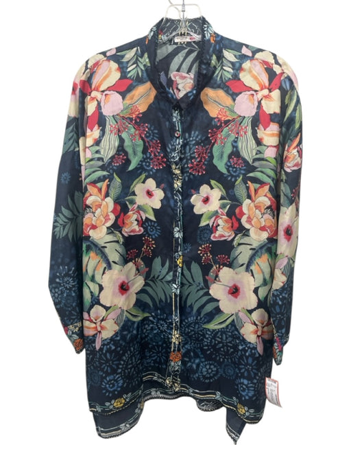 Johnny Was Size S Navy & Multi Silk Button Front Round Neck Floral Print Top Navy & Multi / S