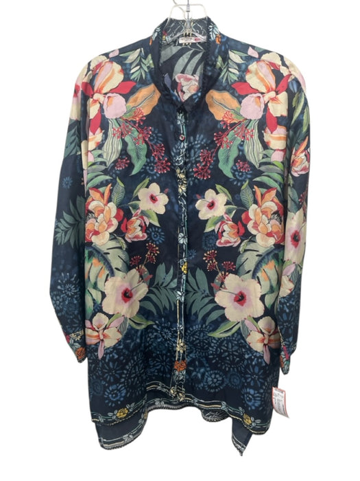 Johnny Was Size S Navy & Multi Silk Button Front Round Neck Floral Print Top Navy & Multi / S