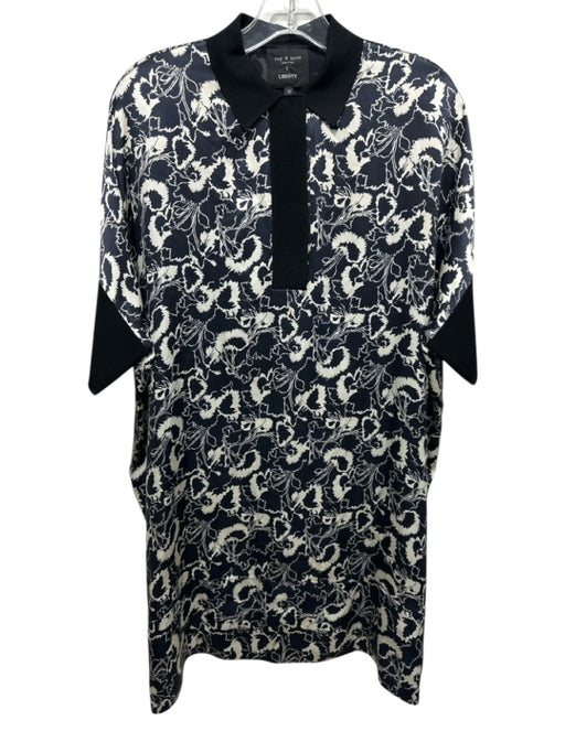 Rag & Bone Size XS Black & White Silk Floral Short Sleeve 1/4 Button Dress Black & White / XS
