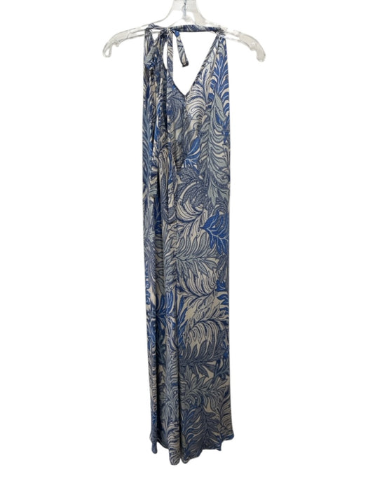 Natalie Martin Size XS Blue & Beige Silk Leaf Print One Shoulder Dress Blue & Beige / XS