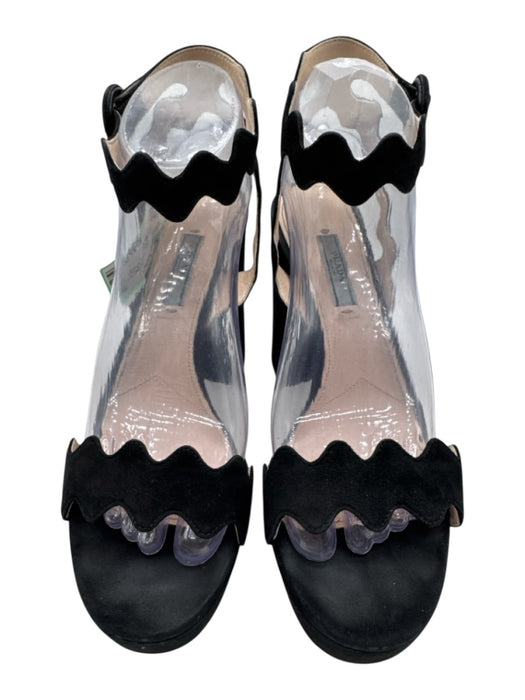 Prada Shoe Size 38.5 Black Suede Ankle Strap Round Toe Wavy Design Sandals Black / 38.5