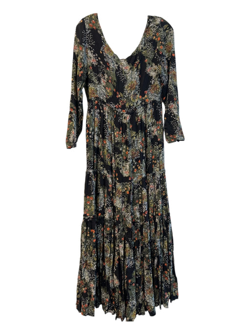 Free People Size 6 Green & Multi Rayon Scoop Neck Long Sleeve V Waist Dress Green & Multi / 6